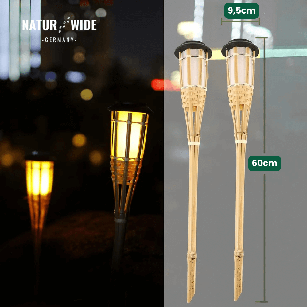 Solar Gartenfackel aus Bambus – LED Flammenlicht