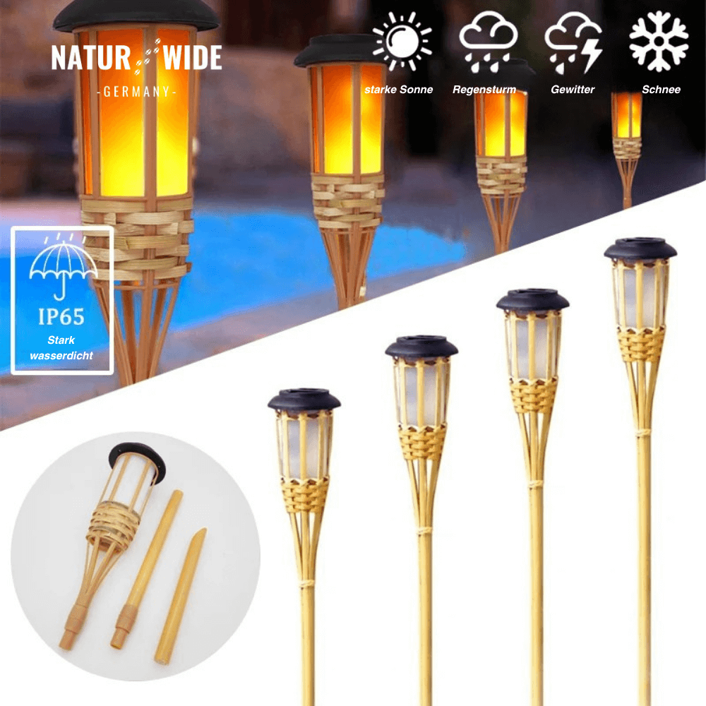 Solar Gartenfackel aus Bambus – LED Flammenlicht