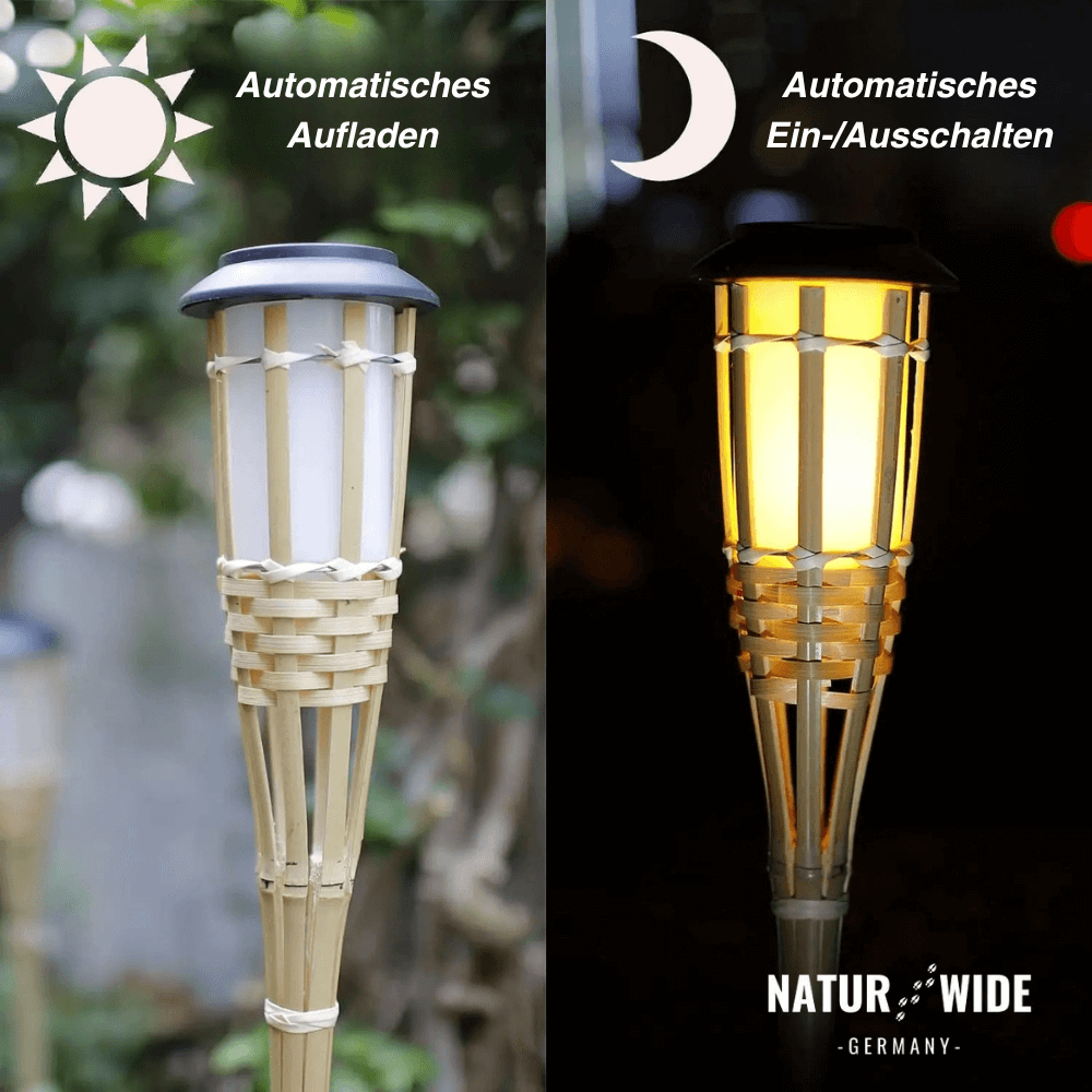 Solar Gartenfackel aus Bambus – LED Flammenlicht