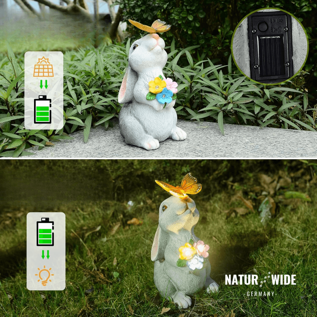 Solar Gartenfigur Hase – Deko Statue mit LED Schmetterling
