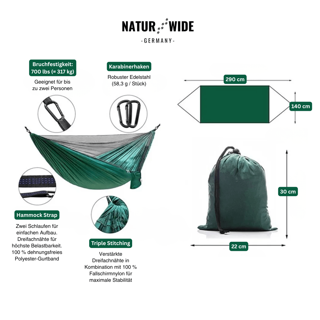 Camping-Hängematte mit Moskitonetz, Regenschutz-Tarp & Tasche