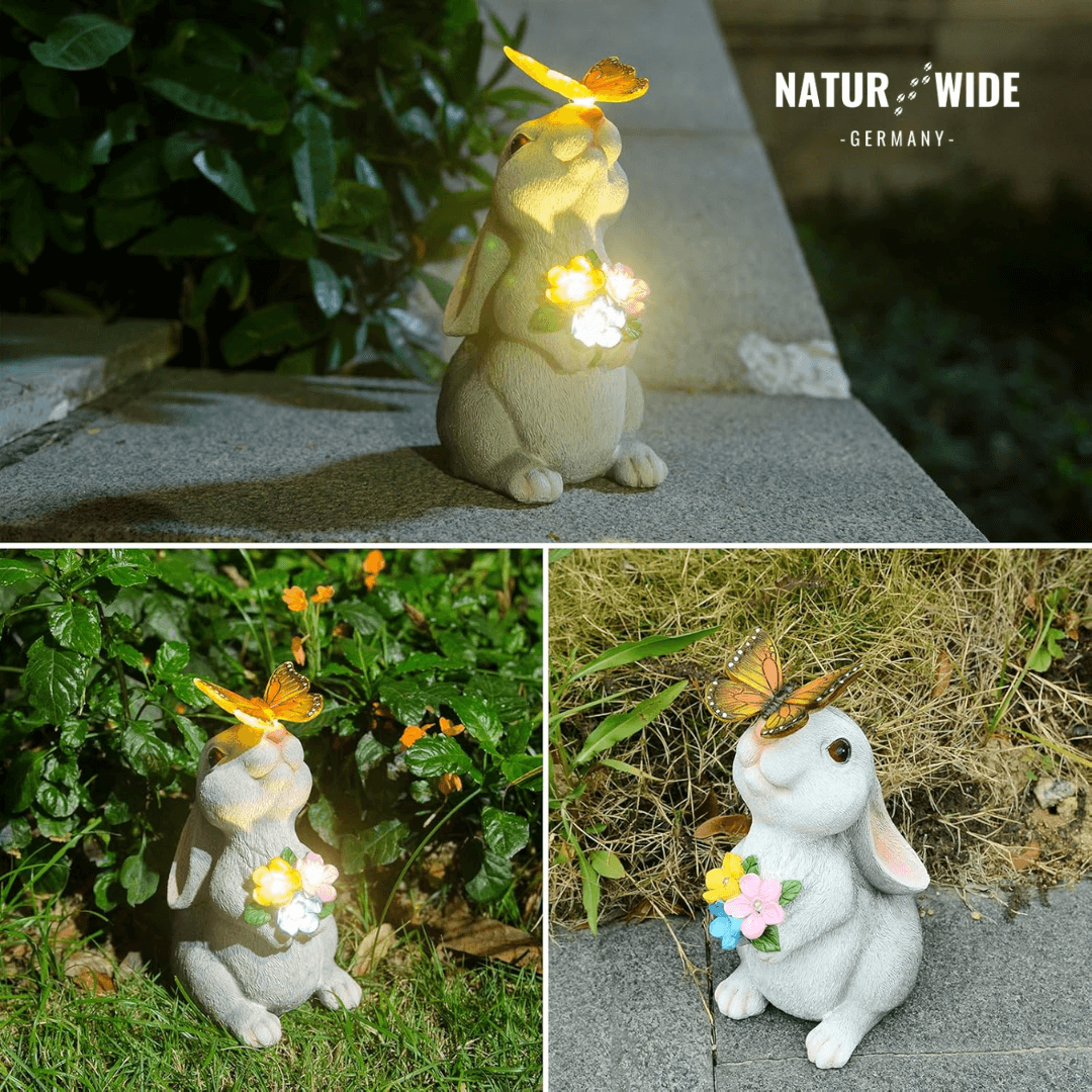 Solar Gartenfigur Hase – Deko Statue mit LED Schmetterling
