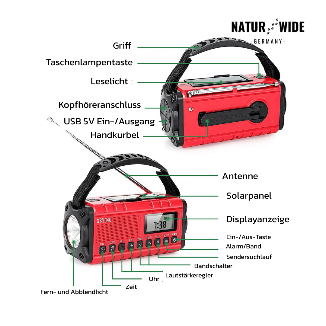 Notfall Kurbelradio 10000mAh 2.0 – Solar, LED-Licht & SOS-Alarm