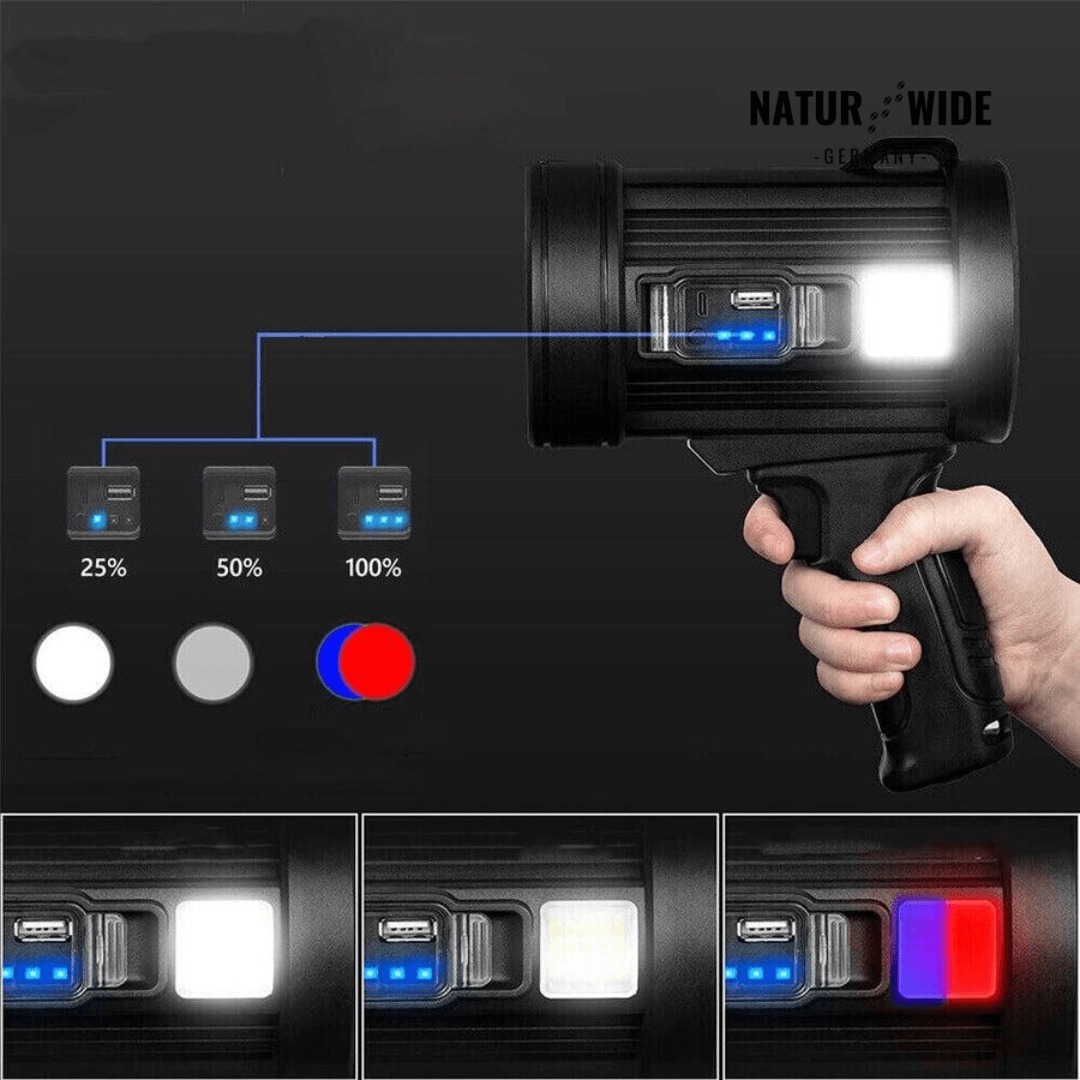 Wiederaufladbarer LED-Strahler – 900000 Lumen, Solar & USB