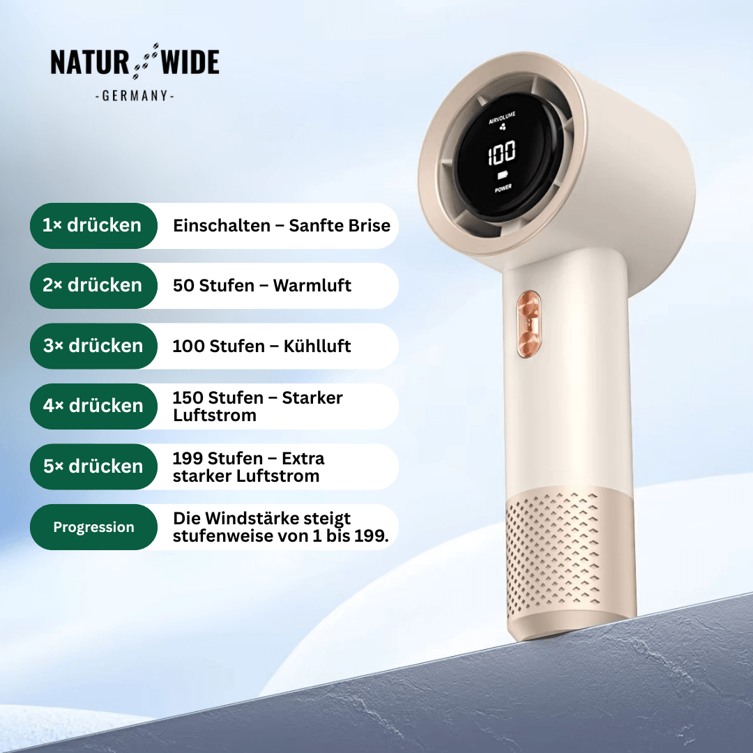 Handlicher Mini-Ventilator – 199 Geschwindigkeitsstufen, 6 Flügel, bürstenloser Motor