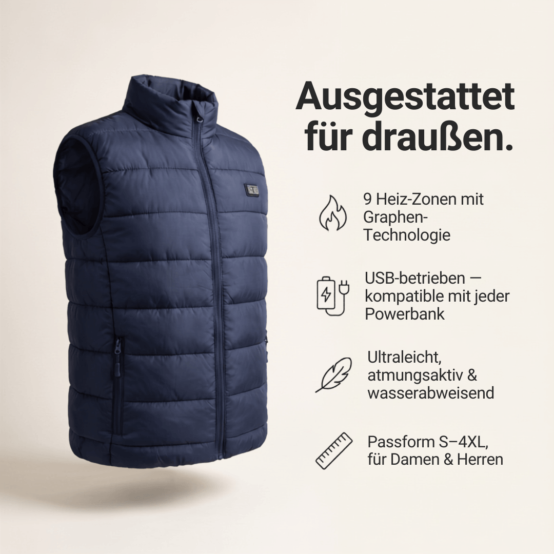 Beheizte Weste mit 9 Heiz-Zonen – Ultraleicht, USB-betrieben & ideal für Outdoor-Abenteuer