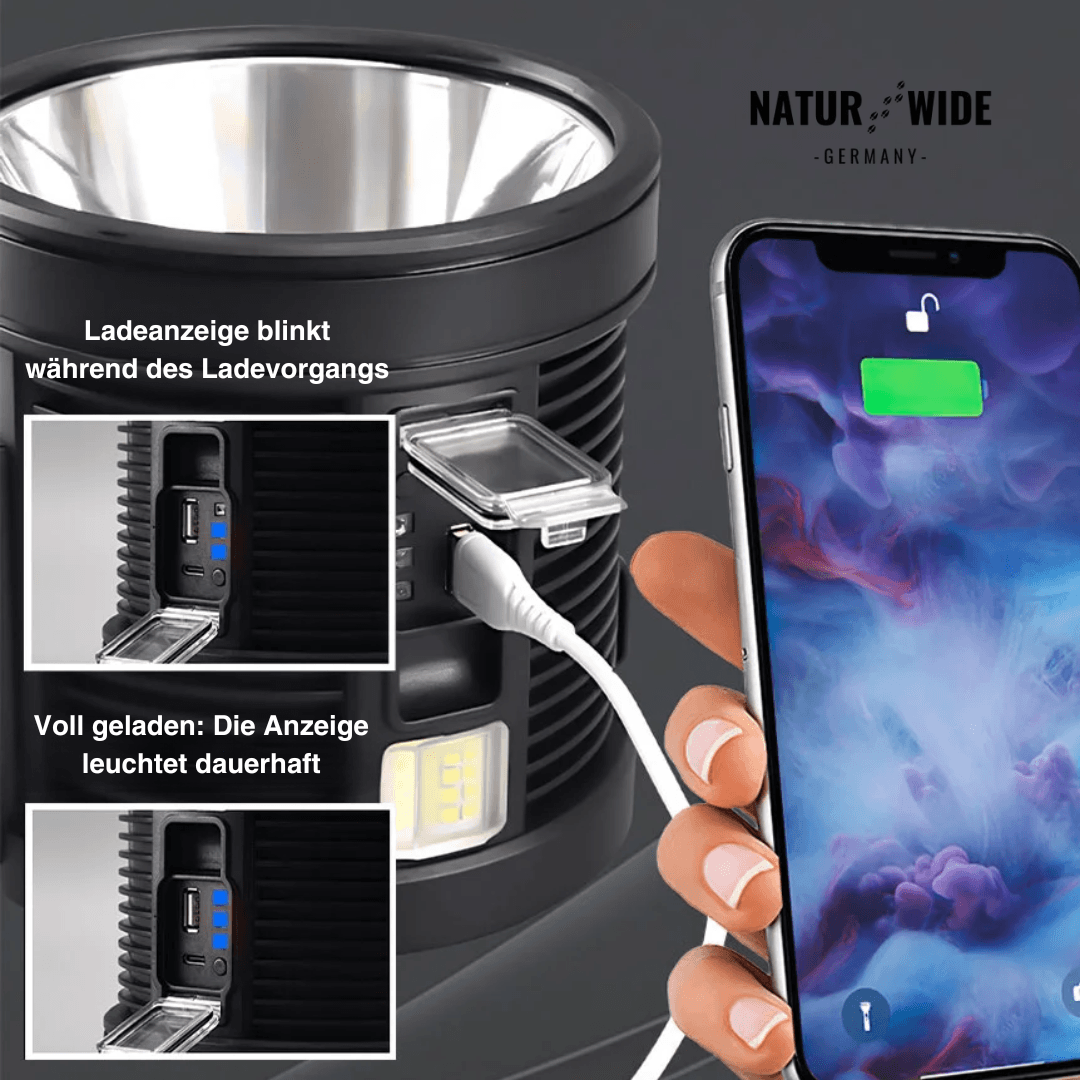 Wiederaufladbarer LED-Strahler – 900000 Lumen, Solar & USB