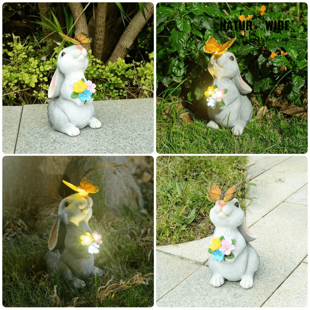Solar Gartenfigur Hase – Deko Statue mit LED Schmetterling