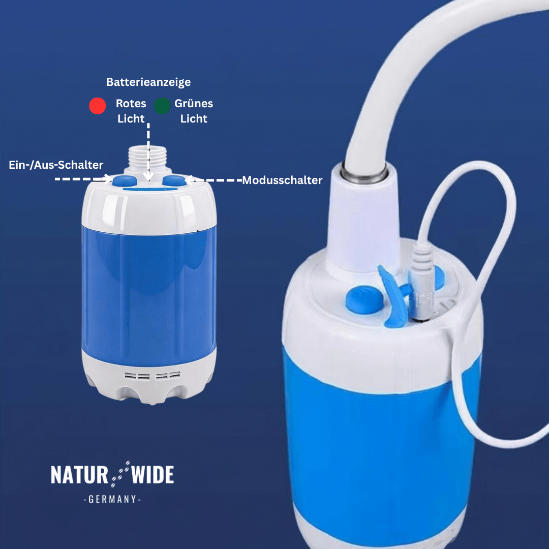 Elektrische Campingduschpumpe – 5000mAh Akku mit Digitalanzeige