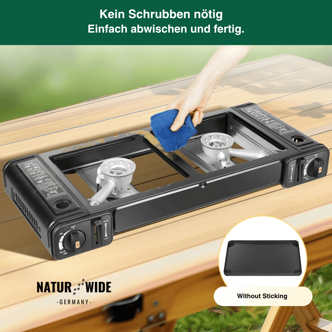 2500W Tragbarer 2-Flammen-Campingkocher mit Grillschale & Tragetasche