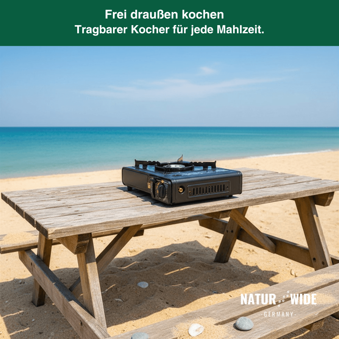 Tragbarer Gas-Campingkocher 2500W mit Auffangwanne & Topfständer