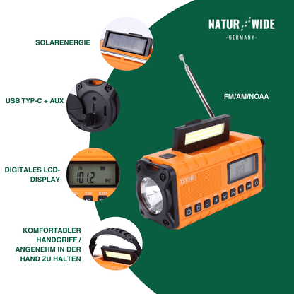 Notfall Kurbelradio 10000mAh 2.0 – Solar, LED-Licht & SOS-Alarm