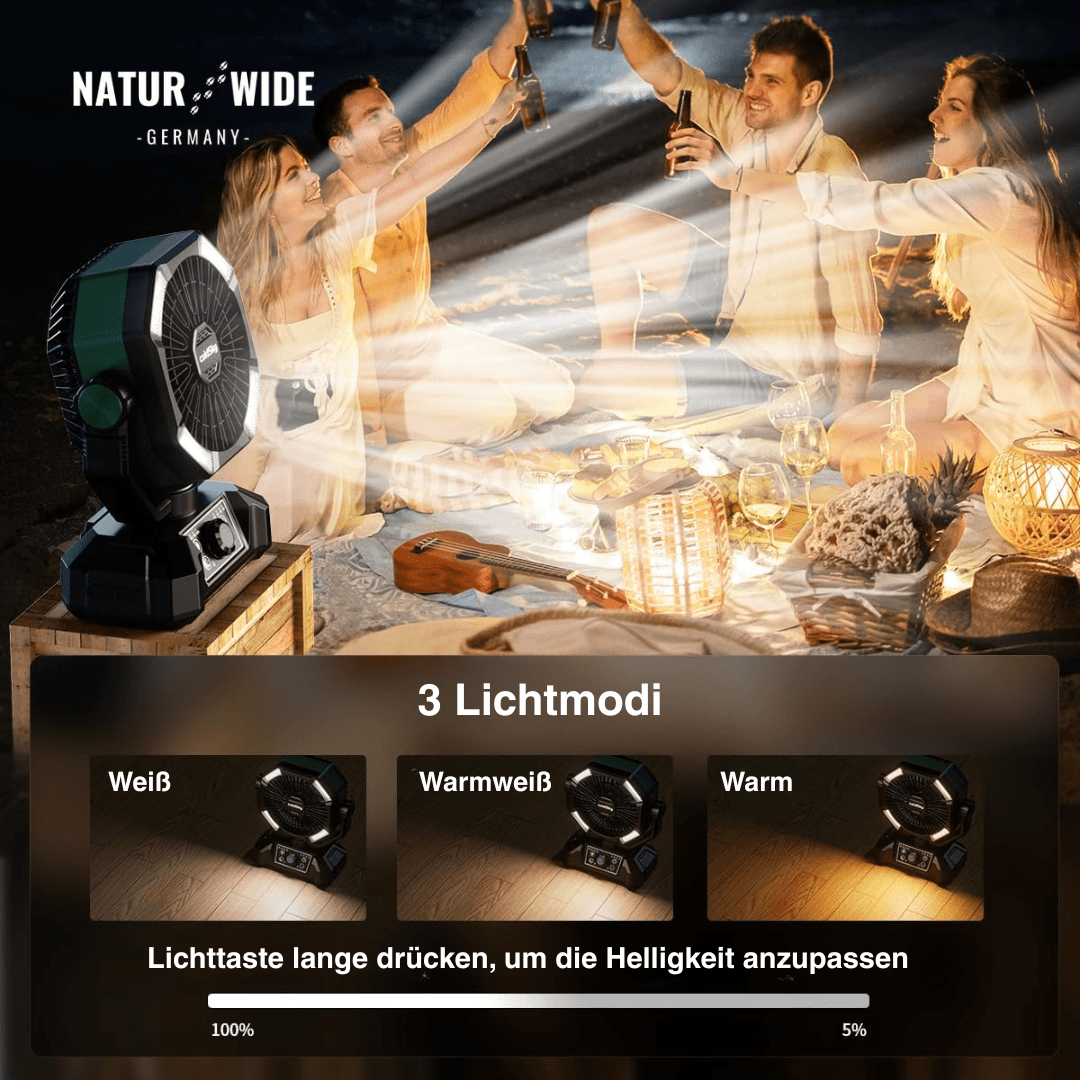 20000mAh Campingventilator mit LED-Laterne – 8-Stufen Akku-Ventilator