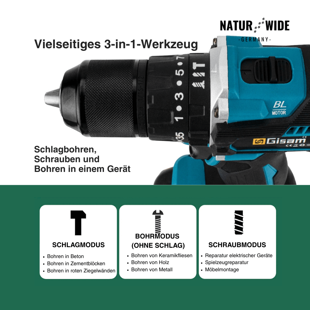 Akku-Schlagbohrschrauber 18V Bürstenlos – 65Nm & 13mm Futter
