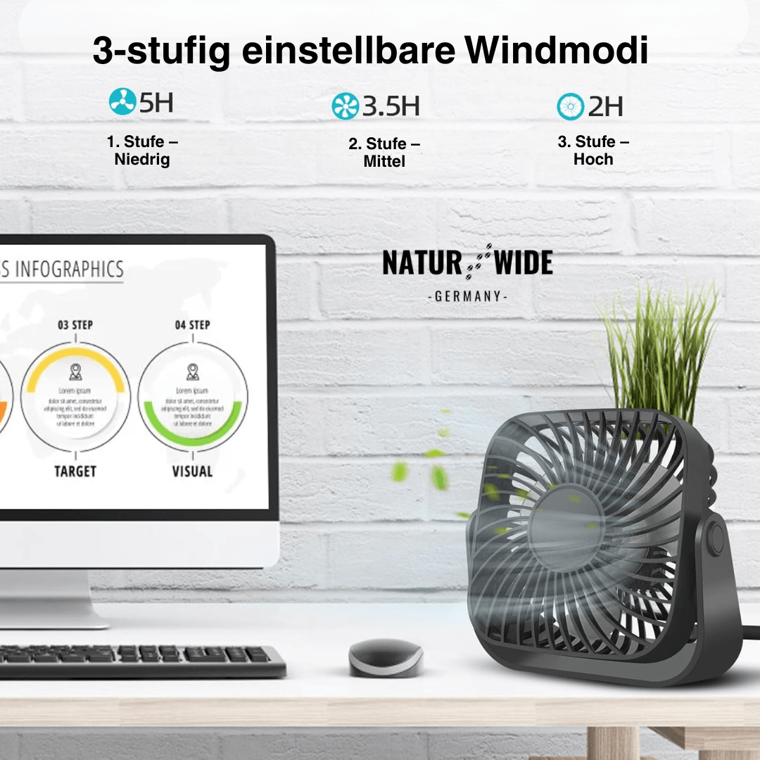 USB Mini-Tischventilator – 10 cm Tragbarer 3-Stufen 360° Ventilator