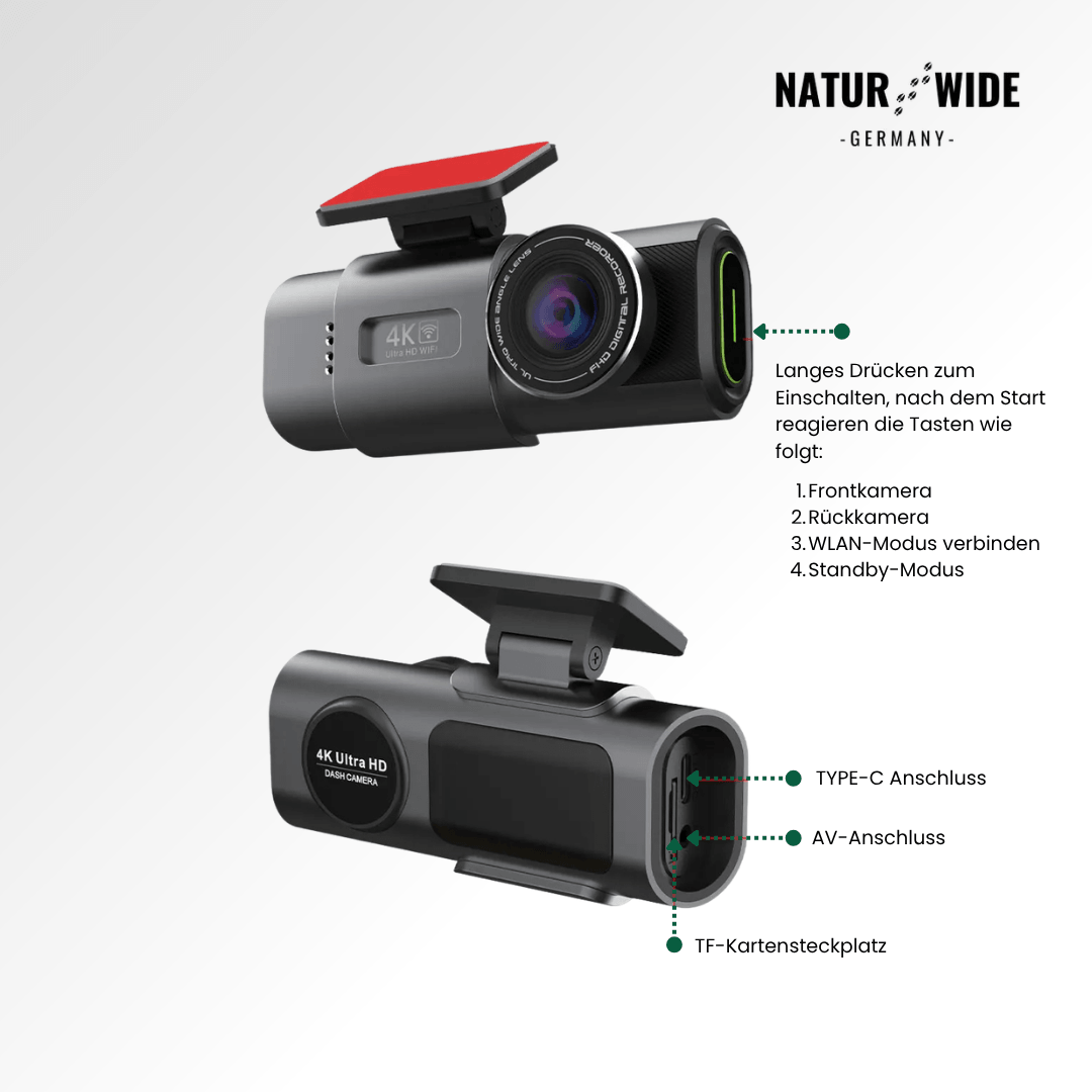 4K Dashcam mit Nachtsicht, Wi-Fi, GPS & 24H Parküberwachung