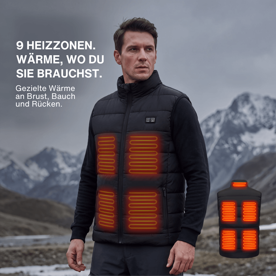 Beheizte Weste mit 9 Heiz-Zonen – Ultraleicht, USB-betrieben & ideal für Outdoor-Abenteuer