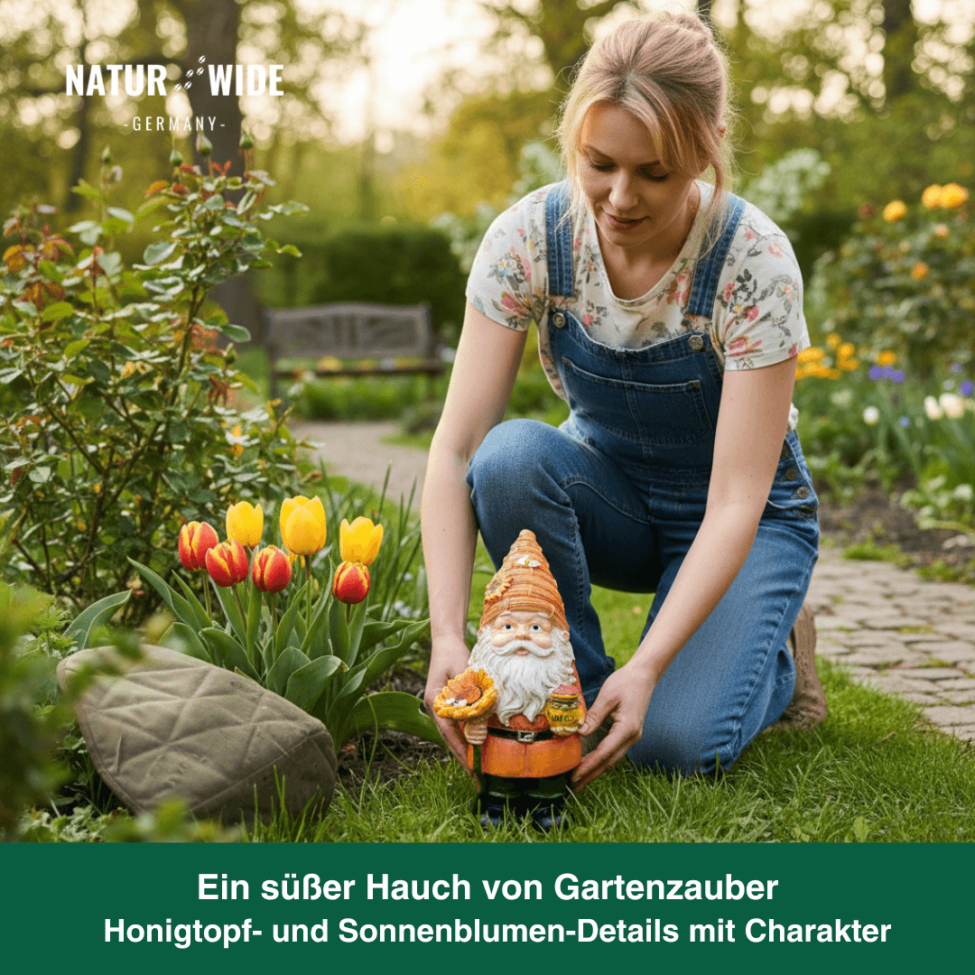 Lustiger Imker-Gartenzwerg mit Sonnenblume – Deko Figur