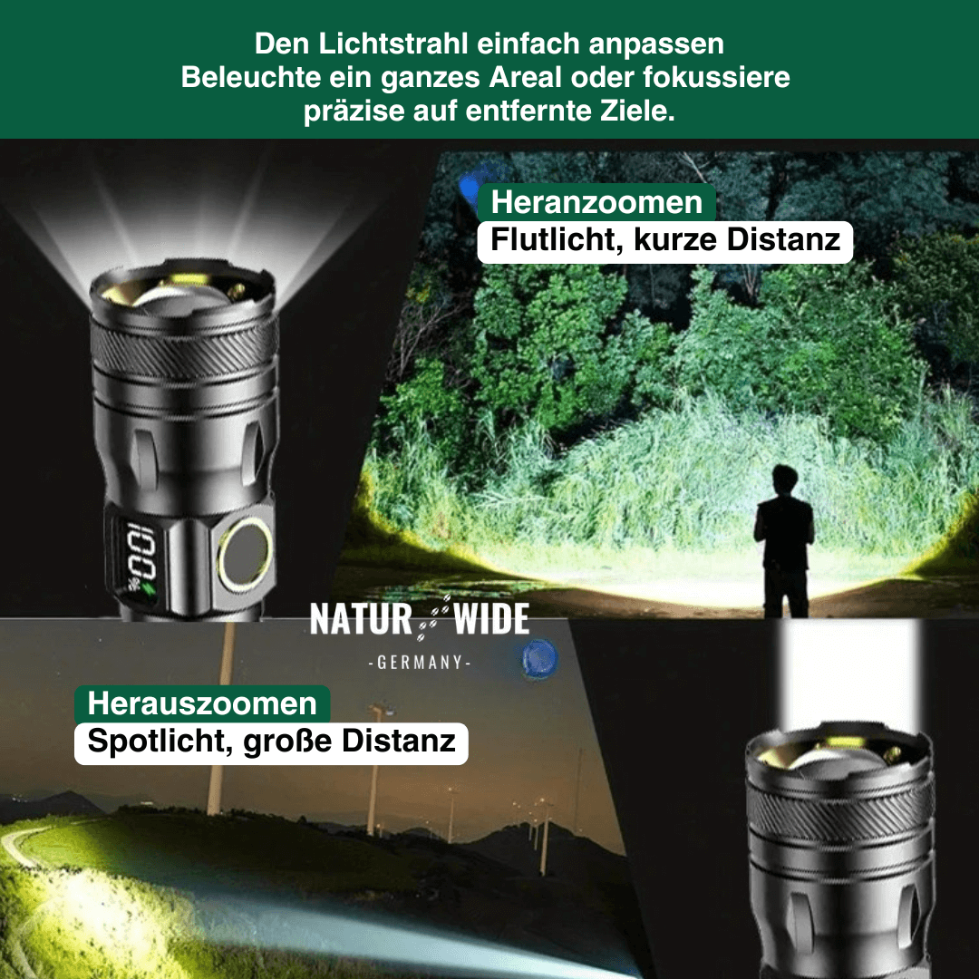 Aluminium LED Taschenlampe – Wiederaufladbar, Wasserdicht & Power-Display