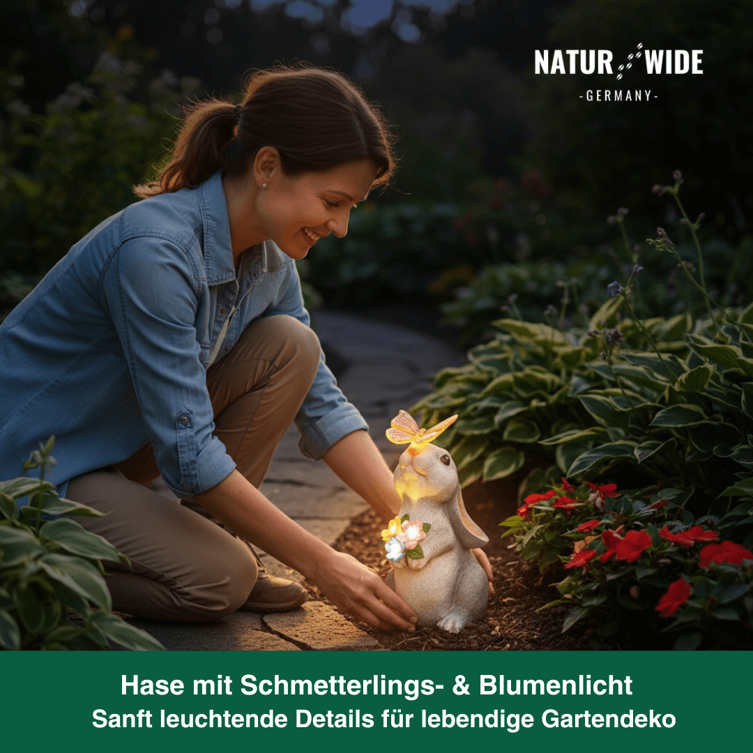 Solar Gartenfigur Hase – Deko Statue mit LED Schmetterling