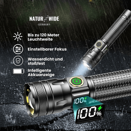 Aluminium LED Taschenlampe – Wiederaufladbar, Wasserdicht & Power-Display