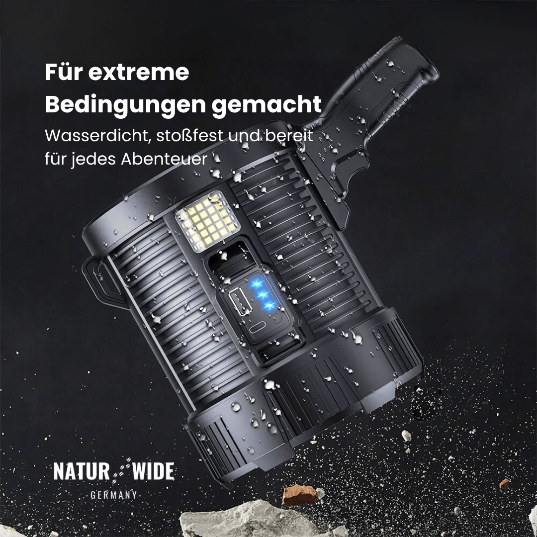 Wiederaufladbarer LED-Strahler – 900000 Lumen, Solar & USB