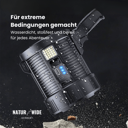 Wiederaufladbarer LED-Strahler – 900000 Lumen, Solar & USB