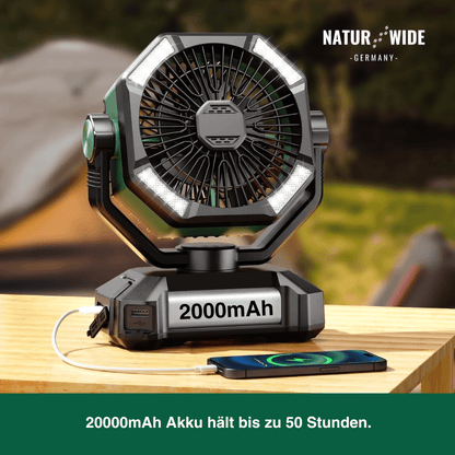 20000mAh Campingventilator mit LED-Laterne – 8-Stufen Akku-Ventilator