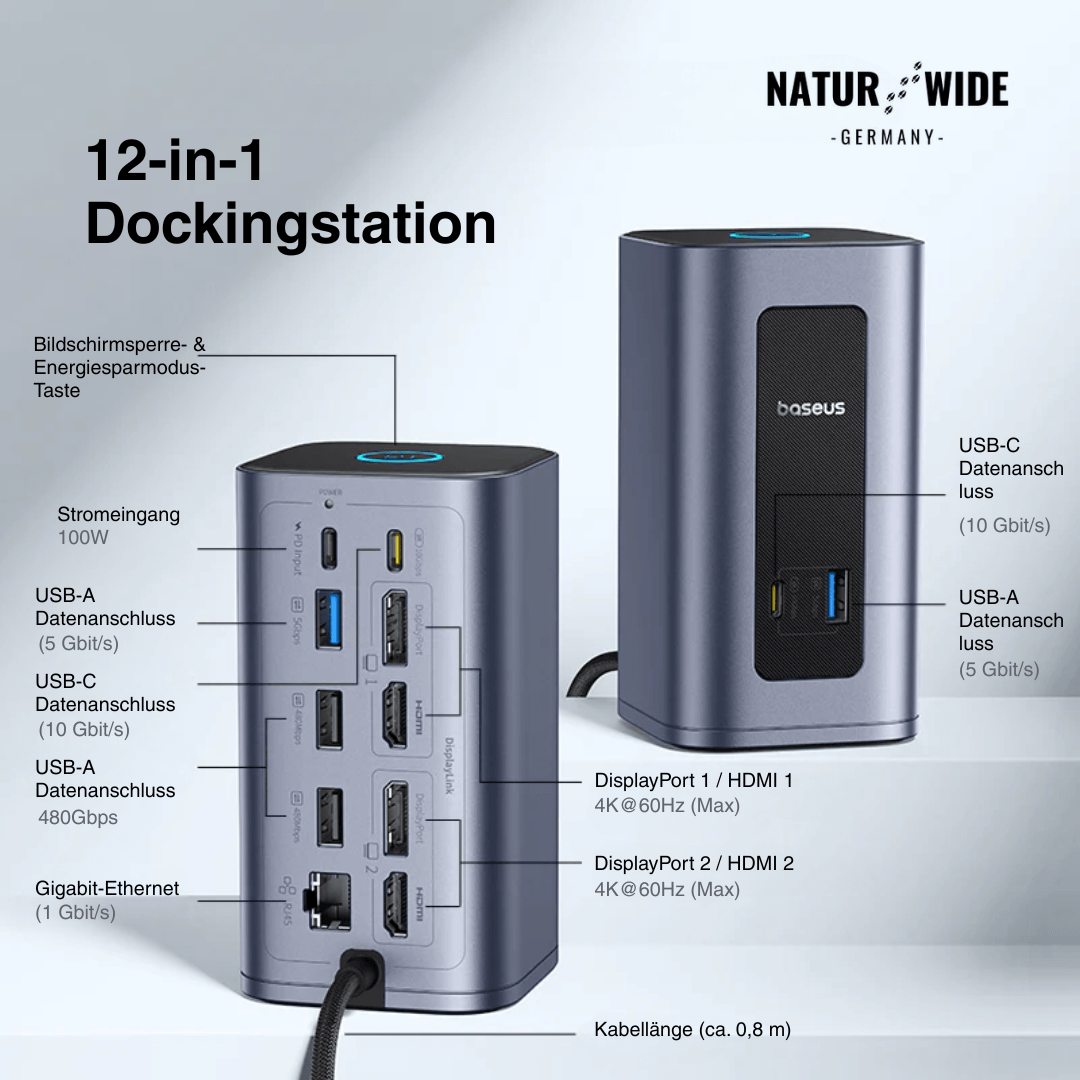 12-in-1 USB-C Hub – Doppelt 4K HDMI, 100W PD, RJ45, SD/TF