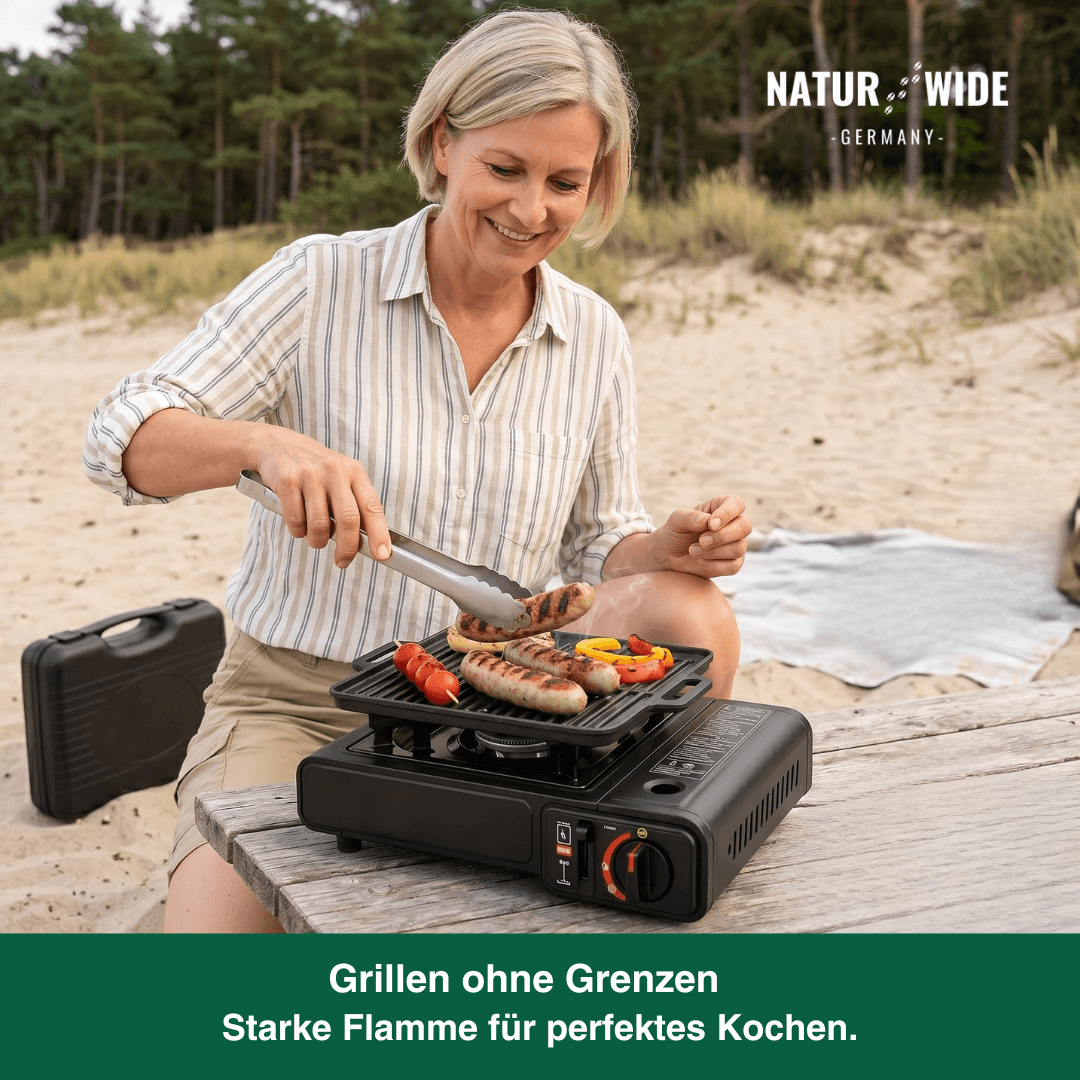 Tragbarer Gas-Campingkocher 2500W mit Auffangwanne & Topfständer