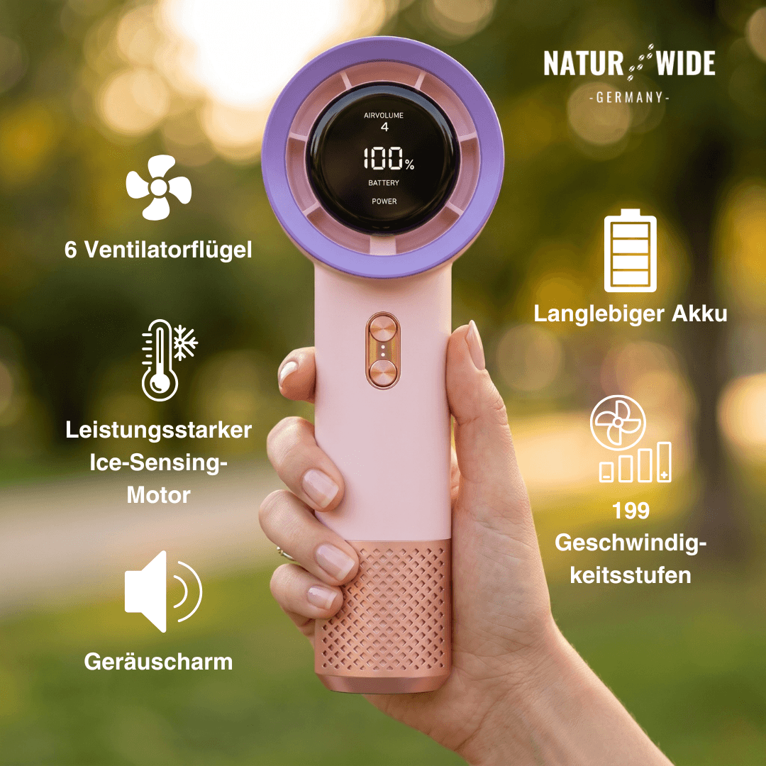 Handlicher Mini-Ventilator – 199 Geschwindigkeitsstufen, 6 Flügel, bürstenloser Motor