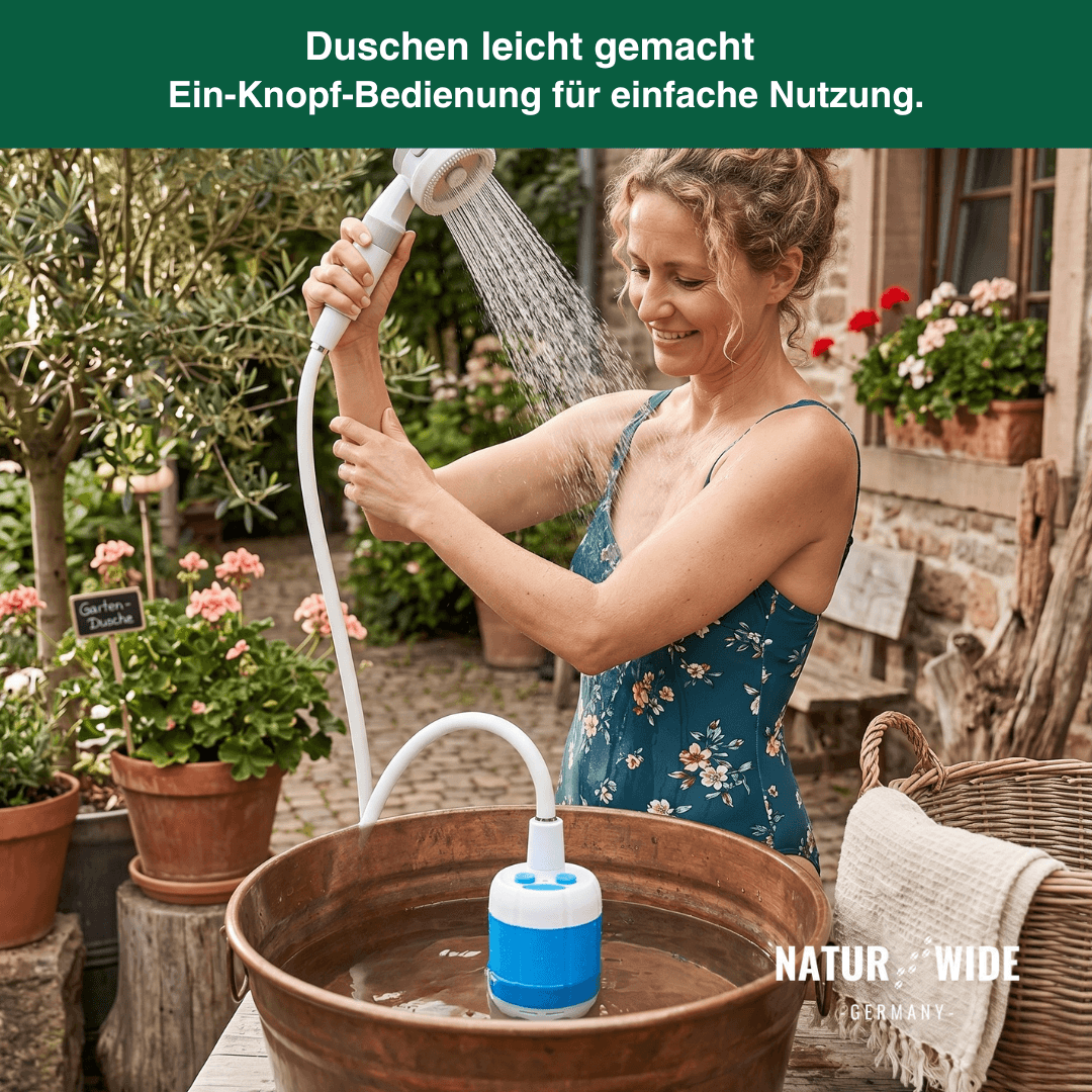 Elektrische Campingduschpumpe – 5000mAh Akku mit Digitalanzeige