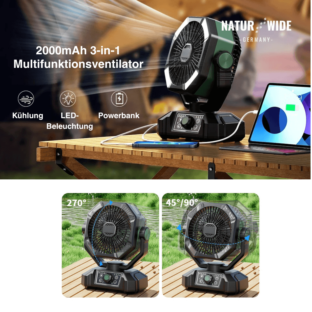 20000mAh Campingventilator mit LED-Laterne – 8-Stufen Akku-Ventilator