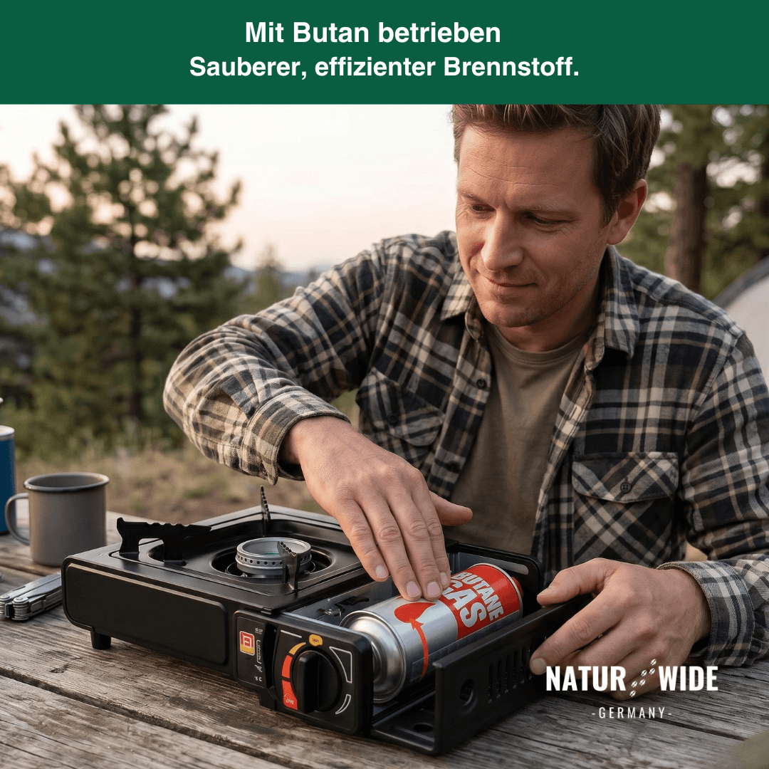 Tragbarer Gas-Campingkocher 2500W mit Auffangwanne & Topfständer