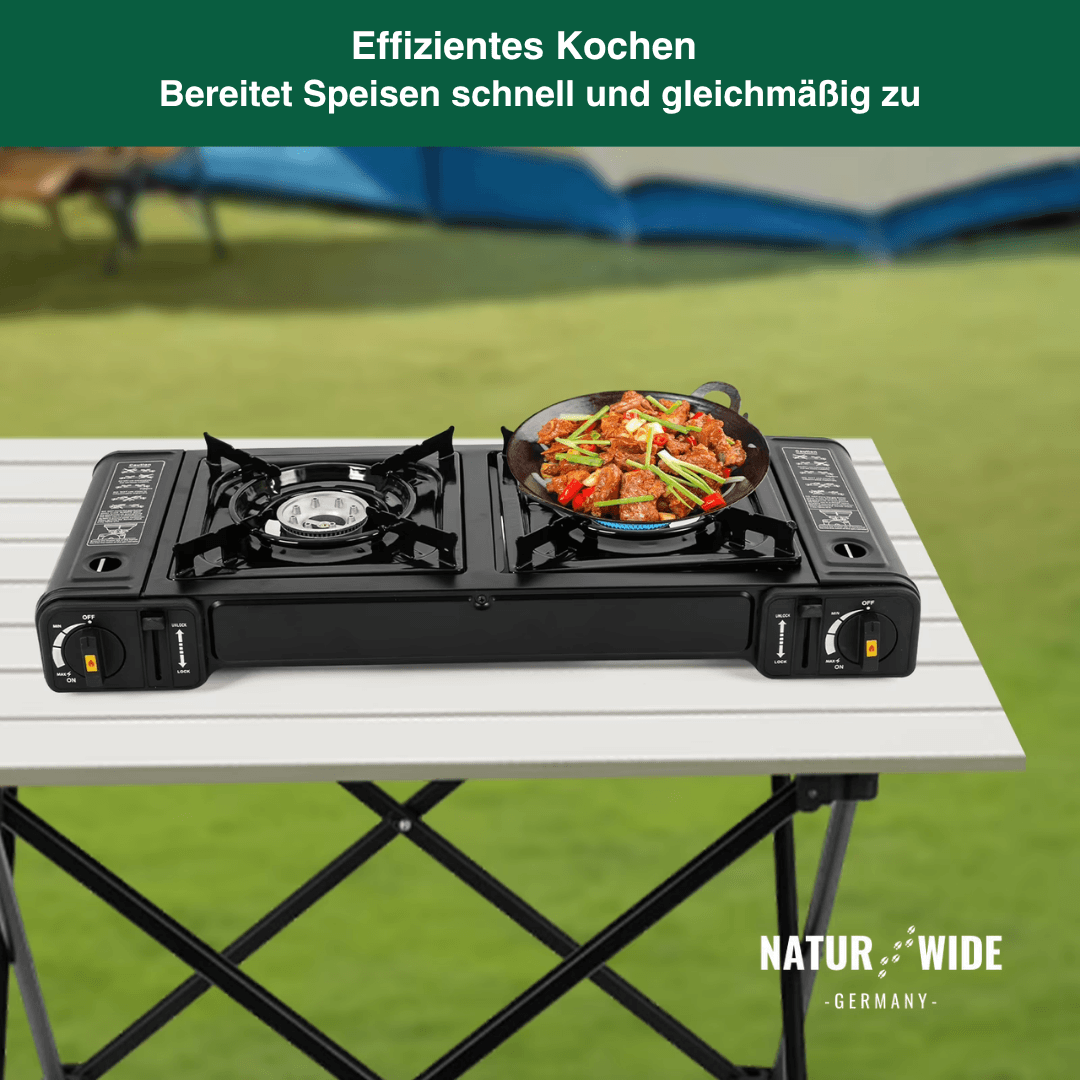 2500W Tragbarer 2-Flammen-Campingkocher mit Grillschale & Tragetasche