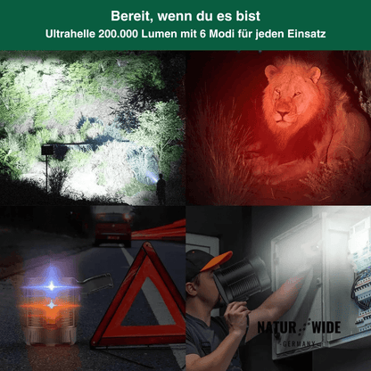 Wiederaufladbarer LED-Strahler – 900000 Lumen, Solar & USB