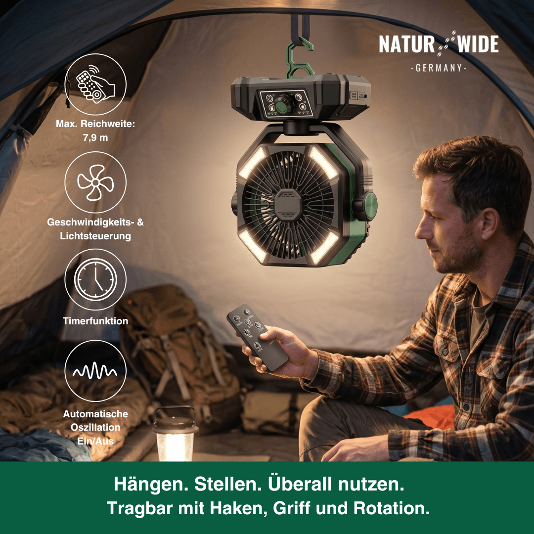 20000mAh Campingventilator mit LED-Laterne – 8-Stufen Akku-Ventilator