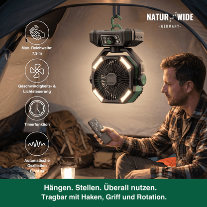 20000mAh Campingventilator mit LED-Laterne – 8-Stufen Akku-Ventilator