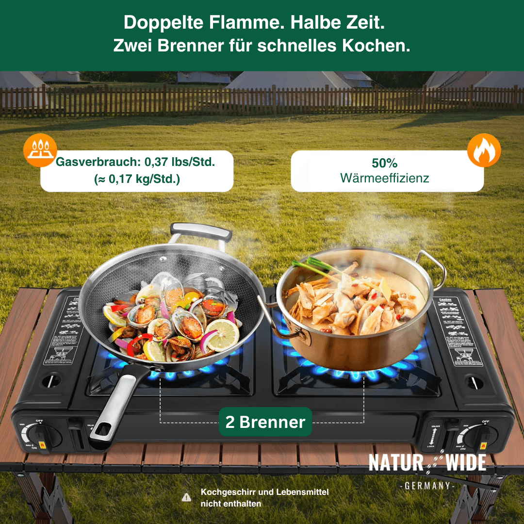 2500W Tragbarer 2-Flammen-Campingkocher mit Grillschale & Tragetasche