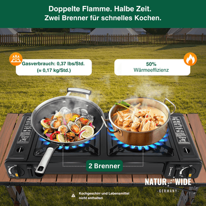 2500W Tragbarer 2-Flammen-Campingkocher mit Grillschale & Tragetasche
