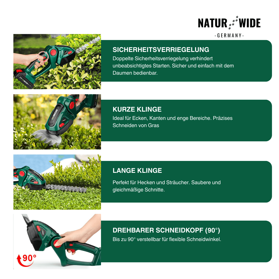 2-in-1 Akku Gras- & Strauchschere – (Verstellbar)