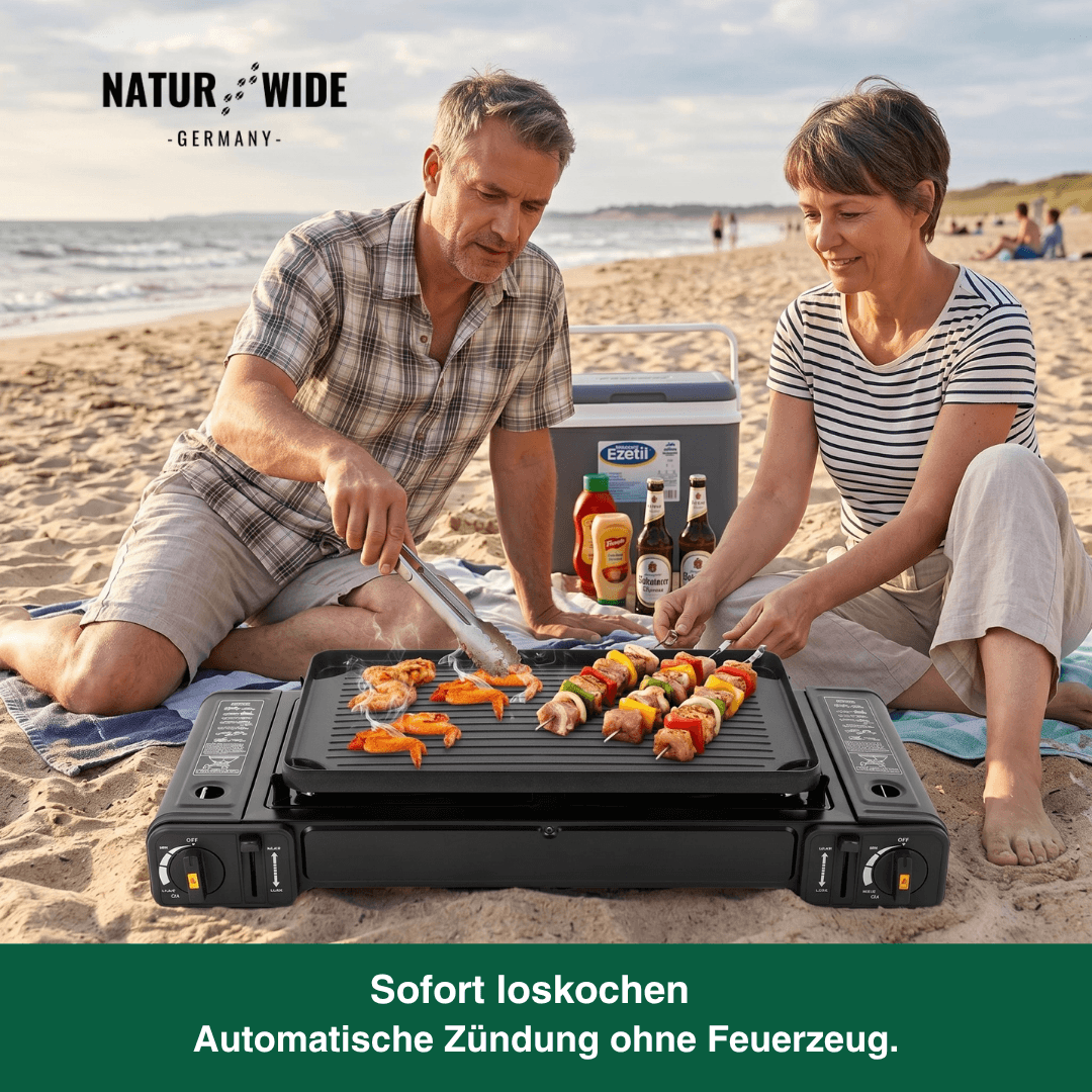 2500W Tragbarer 2-Flammen-Campingkocher mit Grillschale & Tragetasche