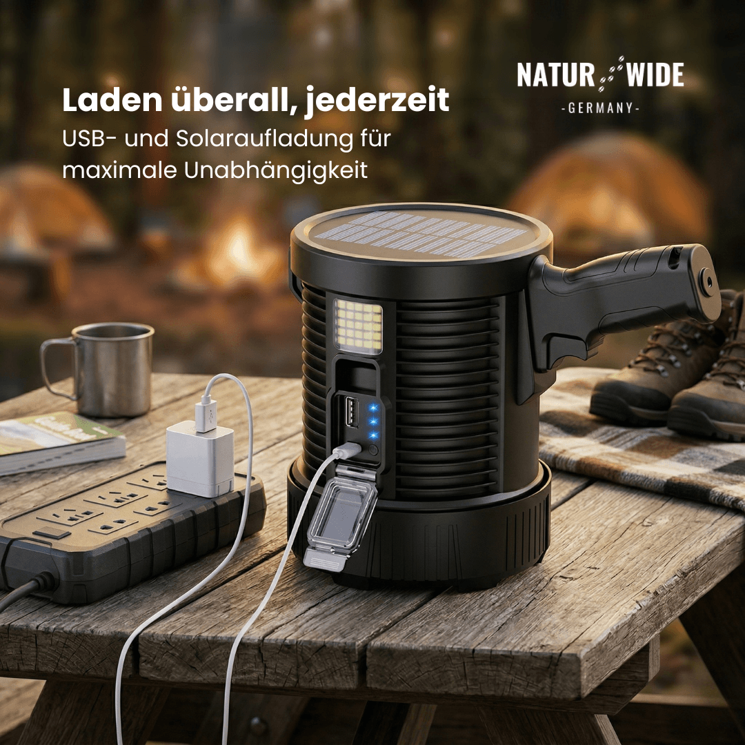 Wiederaufladbarer LED-Strahler – 900000 Lumen, Solar & USB