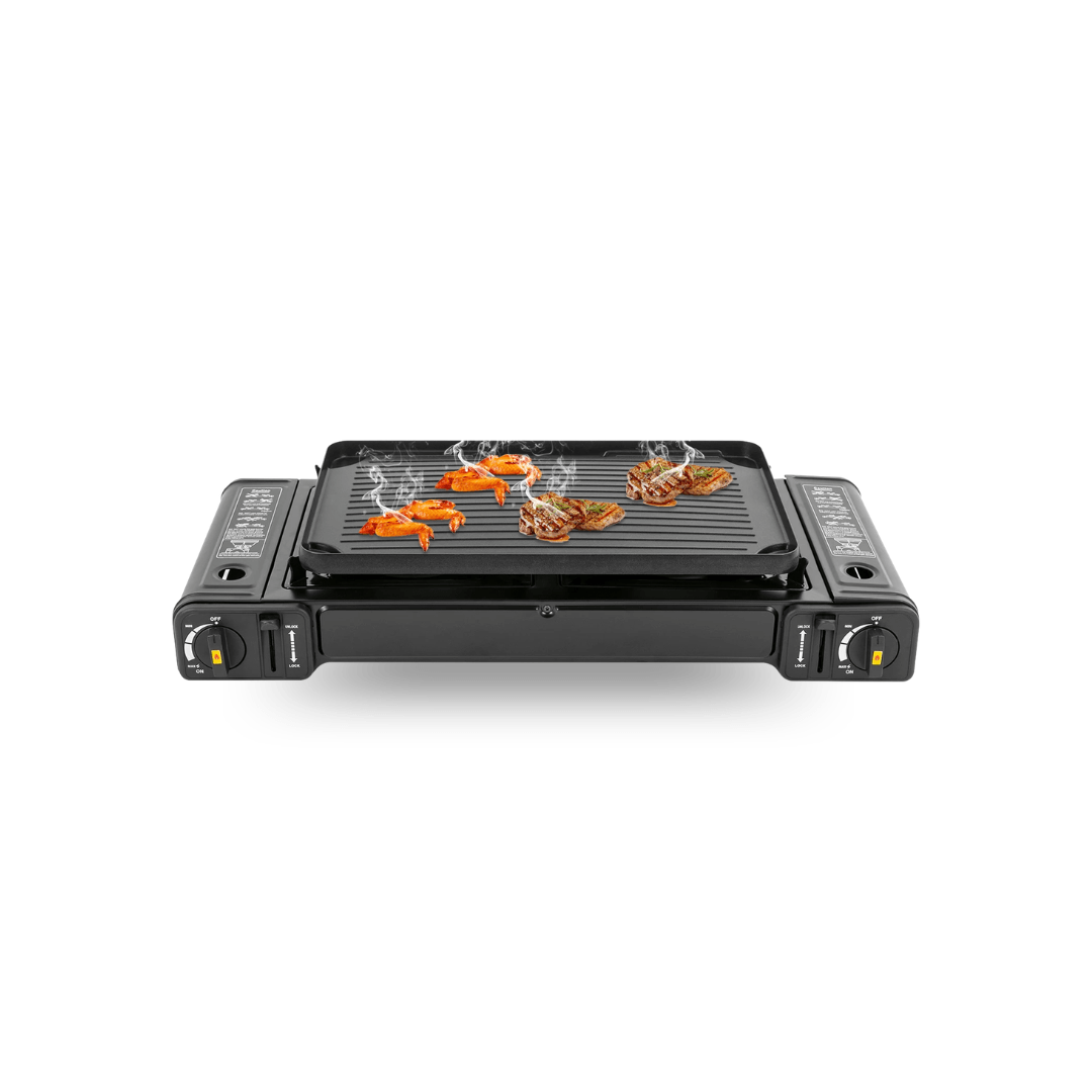 2500W Tragbarer 2-Flammen-Campingkocher mit Grillschale & Tragetasche