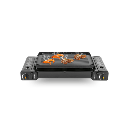 2500W Tragbarer 2-Flammen-Campingkocher mit Grillschale & Tragetasche