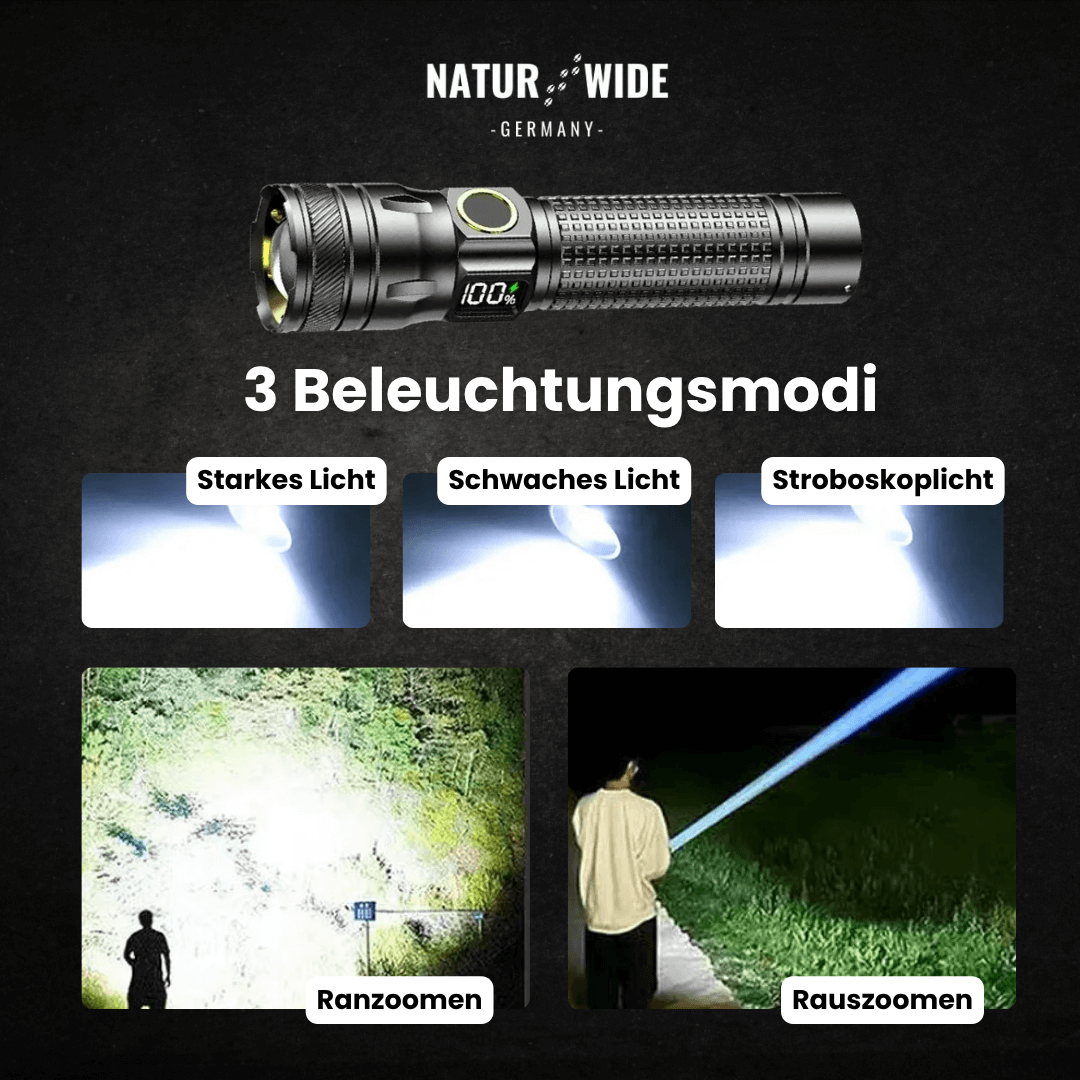 Aluminium LED Taschenlampe – Wiederaufladbar, Wasserdicht & Power-Display