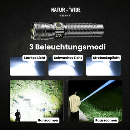 Aluminium LED Taschenlampe – Wiederaufladbar, Wasserdicht & Power-Display