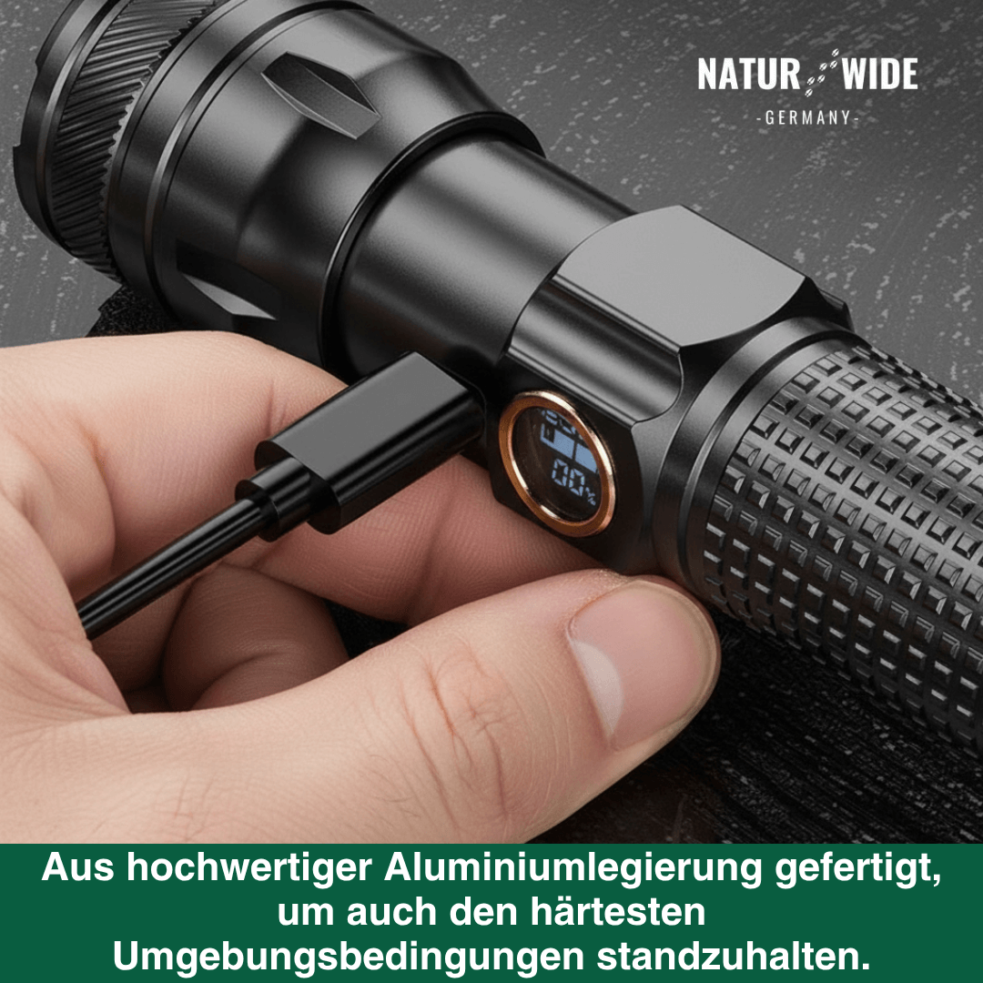Aluminium LED Taschenlampe – Wiederaufladbar, Wasserdicht & Power-Display