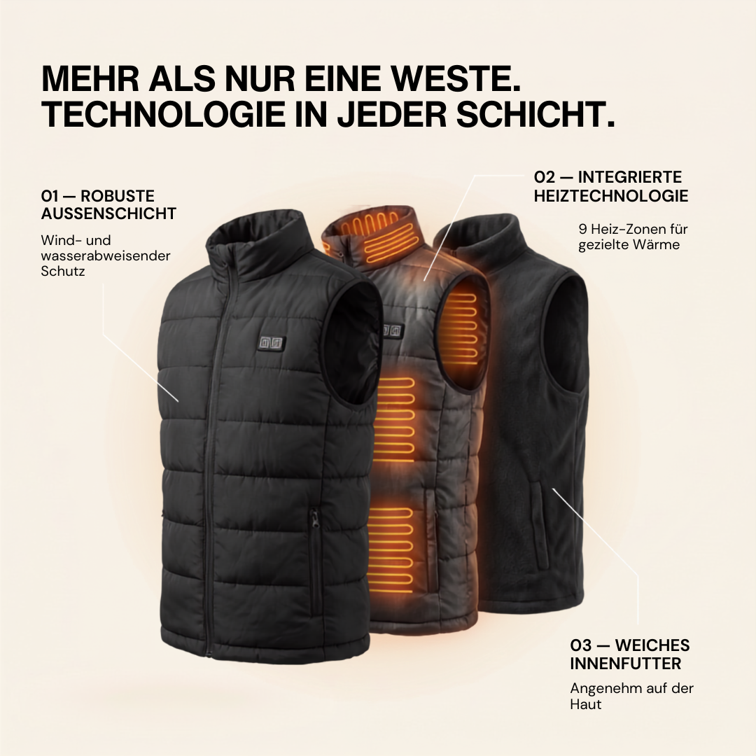 Beheizte Weste mit 9 Heiz-Zonen – Ultraleicht, USB-betrieben & ideal für Outdoor-Abenteuer