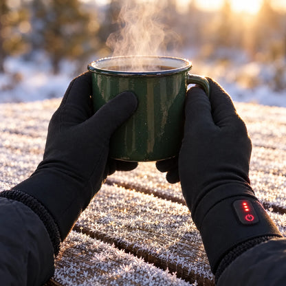 Hände in beheizten Unterziehhandschuhen halten an einem frostigen Morgen einen dampfenden Becher